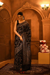 Black Mushru Satin Handloom Saree With Meenakari Jaal And Border